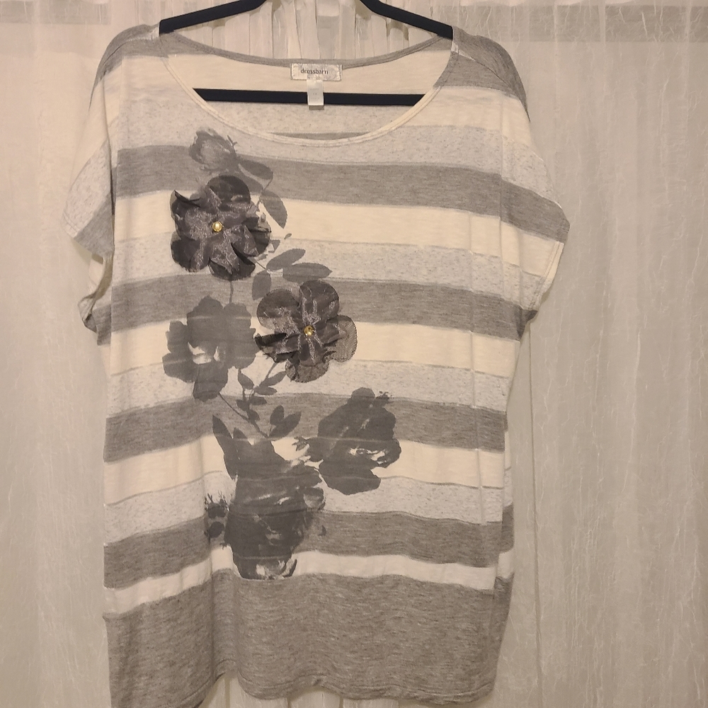 3 for $20 Cleanout Sale! Dress Barn gray and white embellished top